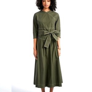 Brixie Dress All Cotton from Aleeza Paris,belted moss green white stitching Sz S